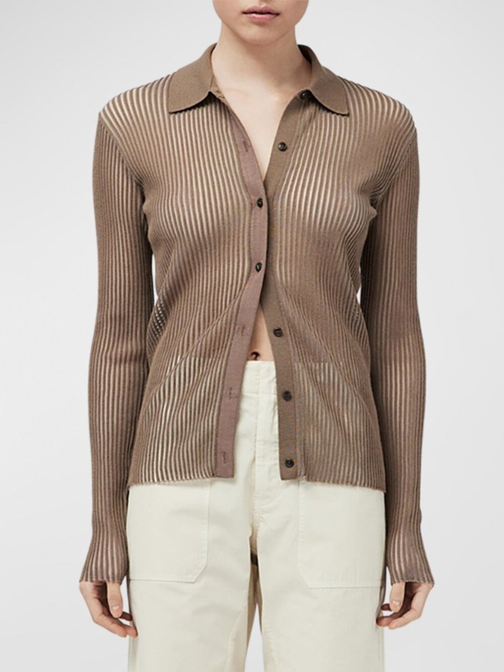 rag & bone Dorit Ribbed Button-Front Top Light Brown Merino Wool Size M